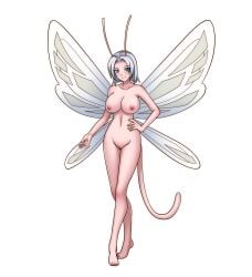 absurd_res antennae_(anatomy) anthro blue_eyes blush breasts facial_markings fairies_vs_tentacles fairy female genitals hair head_markings hi_res humanoid insect_wings markings narikusha navel nude nude_female nude_humanoid simple_background solo tail tailed_humanoid vulva white_background white_hair white_wings wings