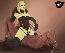 altmer ball_gag bdsm blonde_hair bondage bound clothed_female_nude_male coffintooth corset dark-skinned_male dark_skin dreadlocks elenwen elf female femdom grinding high_elf interracial leash leash_pull male malesub muscular muscular_male nude penis pointy_ears redguard sex shackles sitting sitting_on_person skyrim straight the_elder_scrolls