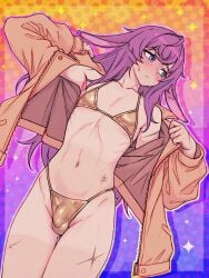 1futa arknights bikini blue_eyes bulge bulge_through_clothing bunny_ears bunny_girl caffichai flaccid_penis flashing flat_chest futanari golden_bikini jacket nervous penis purple_hair ray_(arknights) scars skinny small_penis solo sweat thighs