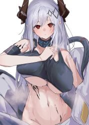 arknights breasts covered_erect_nipples covered_navel crop_top demon_girl demon_horns female grey_hair highres horns infection_monitor_(arknights) kurokuro_rakuga large_breasts long_hair looking_at_viewer material_growth mudrock_(arknights) oripathy_lesion_(arknights) pointy_ears red_eyes simple_background solo stomach sweat underboob very_long_hair very_sweaty white_background