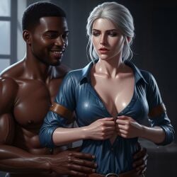 ai_generated ciri cleavage dark-skinned_male dressing interracial the_witcher_3:_wild_hunt