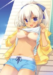 :d against_wall bikini_tan blue_eyes blue_sky blush boyshorts breasts condensation_trail cowboy_shot cropped day dengeki_moeou dutch_angle eyebrows_visible_through_hair female hair_between_eyes hair_ribbon highres hood hooded_jacket hoodie jacket medium_breasts midriff miyasu_risa navel nipples no_bra oerba_yun_fang open_clothes open_hoodie open_jacket open_mouth outdoors ponytail ribbon shirt_lift sky smile solo tan tanline tomboy white_hair