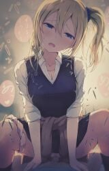 1boy absurdres asou_(asabu202) blonde_hair blue_eyes blue_scrunchie blur_censor blush breasts brown_cardigan cardigan censored clothed_sex clothes_around_waist commentary_request cowgirl_position cowgirl_position female hair_between_eyes hair_ornament hair_scrunchie hayasaka_ai head_tilt highres jewelry kaguya-sama_wa_kokurasetai_~tensai-tachi_no_renai_zunousen~ long_hair looking_at_viewer motion_lines necklace open_mouth panties panties_around_one_leg penis school_uniform scrunchie sex shirt shuuchiin_academy_school_uniform side_ponytail sidelocks skirt solo_focus straddling straight sweat thighs translation_request underwear vaginal_penetration vest white_shirt