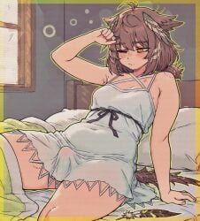 1futa amber_eyes arknights brown_hair caffichai dress erection_under_clothes fully_clothed futa_only futanari silence_(arknights) sleepy small_penis solo thighs tummy