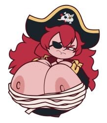 1girls 2024 areolae bandage bandaged_chest blush eye_patch female_only freckles freckles_on_breasts freckles_on_face ginger hat headwear huge_breasts jinnsart looking_at_viewer nipples original_character pirate pirate_hat pouting red_hair scowling_at_viewer shortstack skarlet_(mikulazho) upper_body_only wardrobe_malfunction white_background