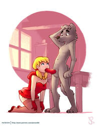 1boy 1girls 2010s 2017 animal_genitalia animal_penis anthro anthro_on_female anthro_on_human balls big_bad_wolf blonde_hair blue_eyes breasts canine canine_penis cleavage clothed clothing erection fellatio female female_human female_on_anthro fur grey_fur hair human human_female human_on_anthro interspecies joe_randel knot little_red_riding_hood little_red_riding_hood_(copyright) long_hair male mammal navel nonhuman_male_on_human_female oral penis sex signature simple_background straight table thighhighs werewolf white_background wolf