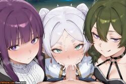 1boy 2025 3girls ai ai_assisted ai_generated anime anime_girl anime_style artist_name bangs blush breasts cleavage cum cum_in_mouth earrings facial fellatio fern_(sousou_no_frieren) frieren frieren_beyond_journey's_end green_eyes green_hair grin hi_res high_quality high_res high_resolution highres jewelry long_hair looking_at_viewer multiple_girls oral patreon patreon_username penis pov purple_eyes purple_hair rinkoai smile sousou_no_frieren straight twintails ubel_(sousou_no_frieren) uncensored watermark white_hair