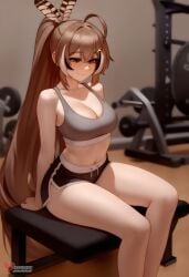 1girls 2d ai_generated ass barefeet big_ass breasts brown_hair erophoenix feet female female_focus full_body gym hairclip hololive hololive_english hololive_english_-council- hololive_english_-promise- indoors looking_at_viewer medium_breasts nanashi_mumei navel patreon_username short_shorts shorts solo solo_female sports_bra sweat thick thick_thighs toes uncensored virtual_youtuber vtuber
