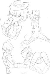 armwear asian asian_female ass asshole blush breasts cat_mask cum female_focus fully_nude gorillaz haich legwear mask nipples noodle_(gorillaz) noodle_(plastic_beach) not_colored pubic_hair riding_penis scarf sucking_penis sucking_tip unseen_male_face