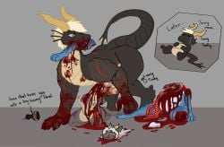after_rape after_sex amputated_leg anthro anthro_on_feral apology bisected blood blood_on_body blood_on_penis blood_splatter bodily_fluids bruised cannibalism death decapitation deep_throat dragon female feral forced gore group guts hard_vore hi_res horny_juice incest_(lore) intestines lizard luneytuney male male/female mythological_creature mythological_scalie mythology necrophilia oral oral_penetration organs pectoral_bulge penetration rape reptile scalie sex size_difference snuff soully_(character) spine trio vore zoophilia