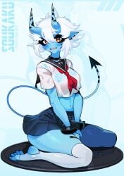 2_horns asian_clothing asian_mythology blue_body blue_skin blush blush_lines bottomwear breasts character_name clothing crop_top demon demon_humanoid digital_drawing_(artwork) digital_media_(artwork) ear_piercing east_asian_clothing east_asian_mythology embarrassed eyelashes female hair hair_between_eyes hi_res horn horned_humanoid humanoid humanoid_pointy_ears japanese_clothing japanese_mythology japanese_school_uniform kneeling legwear long_eyelashes looking_at_viewer medium_breasts midriff mihoyo mythology not_furry oni open_mouth piercing pleated_skirt pointy_ears sachiko sachiko2s school_uniform serafuku shirt short_hair short_sleeves skirt solo soukaku spade_tail tail tailed_humanoid text thick_thighs thigh_highs toeless_legwear topwear translucent translucent_clothing translucent_shirt translucent_topwear uniform wet wet_clothing white_clothing white_hair white_legwear white_thigh_highs yokai zenless_zone_zero zoom_layer