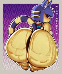 1girls aishirokbeta animal_crossing ankha anthro ass ass_bigger_than_head behind_view bent_over big_ass big_breasts big_butt blue_hair bottom_heavy bottomless breasts bubble_butt butt_crack cat_ears cat_tail clothing curvaceous curvy curvy_figure domestic_cat feline female female_only furry grey_border huge_ass looking_back mostly_nude nintendo solo solo_female sweat sweaty sweaty_butt tail thick_thighs voluptuous voluptuous_female wide_hips