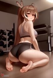 1girls 2d ai_generated ass barefeet big_ass breasts brown_hair erophoenix feet female female_focus full_body gym hairclip hololive hololive_english hololive_english_-council- hololive_english_-promise- indoors looking_at_viewer medium_breasts nanashi_mumei navel patreon_username short_shorts shorts solo solo_female sports_bra sweat thick thick_thighs toes uncensored virtual_youtuber vtuber