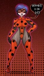 asian asian_female bodysuit breasts child_bearing_hips color curvy diklonius english_text female fishnets full_body high_heels huge_breasts looking_at_viewer mask masked_female mature_female milf miraculous_ladybug purple_hair sabine_cheng sketch standing text text_bubble thick_thighs voluptuous wide_hips