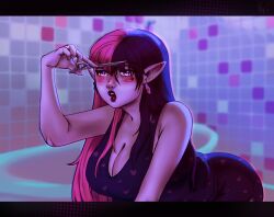 arched_back bangs bathroom big_ass bigbig_breasts booty_shorts cleavage cutting_hair draculaura draculaura_g3 fat_tits in_bathroom monster_girl monster_high monster_high_g3 multicolored_hair pink_skin pointy_ears scissors tank_top vampire_girl voluptuous_female