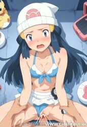 ai ai-generated blue_eyes blue_hair blush blush cum cum_in_pussy cumshot cumshot_in_pussy dawn_(pokemon) female female hentai panties_aside sex tears vaginal_penetration white_hat white_skirt