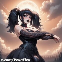 ai_generated bangs black_dress black_hair black_lips black_nails blue_eyes breasts bulge choker cleavage cloud cloudy_sky corset dress ear_piercing female full_moon futanari goth goth_girl gothic hi_res high_resolution large_breasts long_hair looking_at_viewer makeup moon night outdoors piercing sky solo twintails vexnflex violet_(vexnflex) watermark