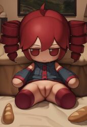 1girls ahoge ai_generated altra_x baguette fatass_teto_plush female female_only food fumo_plush kasane_teto lol no_panties plump_labia plump_pussy plush plushie pussy red_eyes red_hair solo solo_female stubby_arms stubby_legs twin_drills utau vaginal_penetration