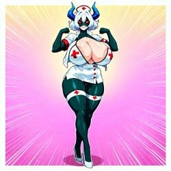 ai_generated, alternate_costume, big_breasts, breasts cleavage, cosplay, curled_hair, exaggerated_proportions, fantasy_girl, gloves gremlin, horns, huge_breasts, humanoid, muzu, no_mask, nsfw, nurse_uniform, red_eyes, sharp_teeth, short_hair, shortstack, skullgirls, solo, stockings, thighhighs, underboob, valentine_(skullgirls), vtuber, white_hair,