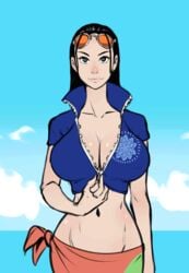 1girls animated animated_gif areolae breasts cleavage exhibitionism female female_only huge_breasts izra looking_at_viewer nico_robin nipples one_piece outdoors sarong solo sunglasses undressing unzipped unzipping zipper