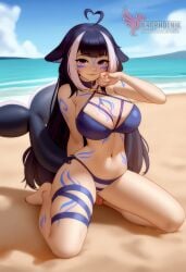 1girls 2d ahoge ai_generated ass barefeet beach big_ass big_breasts bikini black_hair breasts day erophoenix feet female female_focus full_body long_hair looking_at_viewer looking_back multicolord_hair nude pale_skinned_female patreon_username shylily side-tie_bikini smile soles solo solo_female sweat swimsuit tail tattoo thick thick_thighs thigh_strap toes uncensored