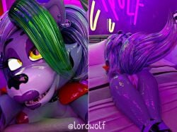 2025 3_toes 3d_(artwork) 4_fingers absurd_res animatronic anthro areola black_nose breasts canid canine canis claws clothed clothing container digital_media_(artwork) ear_piercing ear_ring english_text eyebrows feet female fingers five_nights_at_freddy's five_nights_at_freddy's:_security_breach flashlight glistening glistening_body green_claws green_highlights grey_hair hair hi_res highlights_(coloring) lipstick looking_at_viewer lordwolf machine makeup mammal nipples open_mouth piercing pink_areola pink_nipples pointy_ears prick_ears purple_lipstick ring_piercing robot robot_anthro roxanne_wolf roxanne_wolf_(coolioart) scottgames solo steel_wool_studios text toes vaginal_penetration wolf yellow_eyes