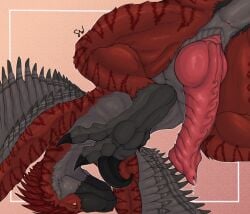 3_toes animal_genitalia anus black_claws blush bodily_fluids claws closed_smile dakotaraptor detox_(detoxtheraptor) digital_media_(artwork) dinosaur dromaeosaurid erection feathered_dinosaur feathered_scalie feathers feet feral genital_fluids genital_slit genitals grey_body head_on_ground hi_res looking_at_viewer male male_feral mouth_closed multicolored_body narrowed_eyes orange_sclera penis precum prehistoric_species presenting presenting_penis raised_leg red_body red_eyes reptile scalie signature simple_background smile solo syrex_walker theropod toes