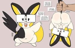 2025 anthro arthur_(justkindofhere) ass balls belly black_body black_ears black_eyewear black_fur black_glasses black_hair black_nose black_tail braces carrying_another cross-popping_vein digital_media_(artwork) duo emolga english_text exclamation_point eyelashes eyewear freckled_face freckles front_view fur generation_5_pokemon genitals gesture glasses hair hand_on_tail hi_res holding_another justkindofhere male multicolored_body multicolored_fur navel nerd nintendo pokemon pokemon_(species) question_mark rear_view signature small_balls standing tail tail_grab tan_body tan_skin teeth text thick_thighs tongue two_tone_body two_tone_fur two_tone_tail waving white_body white_fur yellow_tail