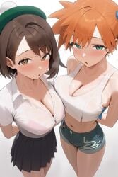:o ai_generated aqua_eyes arms_behind_back asymmetrical_hair bangs bare_shoulders black_clothes black_skirt blush bra bra_visible_through_clothes breast_press breasts brown_eyes brown_hair clavicle cleavage clothing collared_shirt crop_top denim denim_shorts female gloria_(pokemon) green_eyes green_headwear hat headwear huge_breasts kasumi_(pokemon) large_breasts looking_at_viewer midriff navel open_mouth orange_hair pantsu parted_lips pink_bra pink_clothing pink_underwear pleated_skirt pokemon ponytail see-through shirt short_hair short_shorts short_sleeves shorts side_ponytail skirt standing suspenders tam_o'_shanter tank_top thick_thighs thighs tied_hair underwear viewed_from_above white_shirt