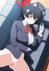 2d ai_assisted ai_generated anime anime_style aroused bare_pussy bedroom black_eyes black_hair blue_archive bottomless bowtie breasts_bigger_than_head casual_exposure casual_nudity clothes_on day execro female female flowers_in_hair from_above from_behind halo hat hi_res highres huge_breasts ignoring indoors lying_on_side male_pov messy_hair no_panties novelai on_side perky_breasts pov pussy pussy_peek red_halo short_hair sleeping sleepy soft_breasts solo solo_female solo_focus spread_legs tsubaki_(blue_archive) tsubaki_(guide)_(blue_archive) uncensored vagina
