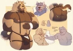5_fingers anthro anthro_on_anthro areola ass biceps big_bulge big_butt big_muscles biped black_bow_tie black_eyebrows black_nose blush blush_lines bodily_fluids border bow_tie brown_body brown_fur bulge butler butt_focus canid claws closed_eyes clothed clothed_anthro clothed_male clothing deltoids dialogue digital_media_(artwork) duo english_text eyebrow_slit eyebrows finger_claws fingerpads fingers fur grey_body grey_fur hand_behind_back hi_res humanoid_hands jockstrap laugh male male/male male_anthro mammal multicolored_body multicolored_fur multicolored_tail muscular muscular_anthro muscular_male navel nipples open_mouth open_smile pawpads pecs pink_areola pink_nipples pink_pawpads print_clothing print_jockstrap print_underwear question_mark shaded shirt shirt_cuffs simple_background smile standing suspenders sweat sweatdrop t-shirt tail tail_motion tailwag text theor topless topless_anthro topless_male topwear triceps underwear white_border white_eyebrows white_inner_ear yellow_background