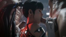 1girls 2boys 3d black_hair blender blowjob dark_hair double_handjob eve_(stellar_blade) handjob holding_penis light-skinned_female mmf_threesome ponytail spectra3d stellar_blade sucking