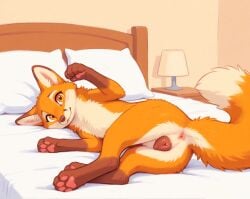 1girls animal_genitalia animal_pussy anus ass canine canine_genitalia canine_pussy female female_only feral feral_only fox indoors looking_at_viewer lying lying_on_bed on_bed pawpads paws solo