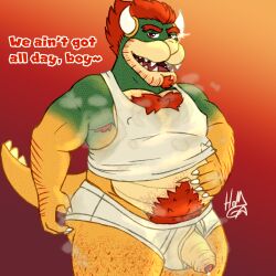 1:1 anthro armpit_hair belly_rub bodily_fluids body_hair bowser briefs butt_scratch chest_hair clothed clothing dialogue dirty dirty_clothing dirty_underwear dripping dropsofmoonlight facial_hair genital_fluids genitals goatee gradient_background hair hairy happy_trail hi_res koopa male mario_bros musclegut muscular musk musk_clouds nintendo nipples_visible_through_clothing overweight penis penis_poking_out penis_through_clothing penis_through_fly penis_through_underwear precum precum_drip pubes raised_clothing raised_shirt raised_tank_top raised_topwear red_hair scalie shirt simple_background solo stained_clothing stained_underwear stubble tank_top topwear underwear white_briefs white_clothing white_shirt white_tank_top white_topwear white_underwear