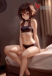 1girls 2d ai_generated ass back bare_shoulders barefoot big_ass bra brown_hair collar erophoenix female female_focus full_body kono_subarashii_sekai_ni_shukufuku_wo long_hair looking_at_viewer megumin pale_skin pale_skinned_female panties patreon_username red_eyes short_hair sitting small_breasts smile soles solo thick thick_thighs uncensored underwear