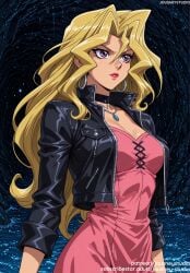 ai_generated bangs black_jacket blonde_hair breasts choker cleavage clothing dress earrings female female female_only hair_between_eyes hoop_earrings jacket jewelry jousneystudio large_breasts leather leather_jacket lips long_hair long_sleeves mai_valentine medium_breasts necklace open_clothes open_jacket outdoors parted_lips pink_dress purple_eyes red_lips solo yu-gi-oh!