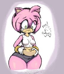 1girls accessory amy_rose belly booty_shorts breasts chubby_female colono crop_top fat frown gloves grabbing_own_belly green_eyes handwear headband pink_fur pink_hair sad sonic_(series) tears unhappy_female white_shirt wide_hips