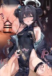 1boy absurdres bar_censor black_dress black_hair blue_archive breasts censored china_dress chinese_clothes commentary_request cowgirl_position double_bun dragon_print dress female grey_eyes grey_halo hair_bun halo highres kisaki_(blue_archive) long_hair medium_breasts miyakawa106 pelvic_curtain sex sleeveless sleeveless_dress straddling straight