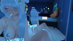 aquarium blue_lighting eating fully_nude headphones heart_shaped_pasties inhuman mirror mirror_reflection pasties pasties_only pocky sitting spread_legs torso vrchat vrchat_avatar