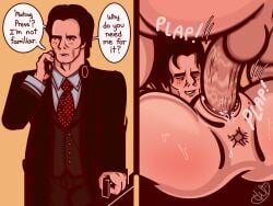 american_psycho ass balls blush boiledhotdog cuntboy cuntboy_penetrated english_text half-closed_eyes intersex looking_at_viewer looking_down mating_press movement_lines patrick_bateman penis plap procreate_(software) speech_bubble suit sweat vagina vaginal_fluids vaginal_penetration