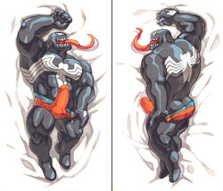 ass bara biceps black_skin blackmonster body_pillow bulge dakimakura humanoid laying male male_only marvel marvel_comics muscles muscular muscular_ass muscular_back muscular_legs muscular_male muscular_thighs pecs penis penis_under_clothes presenting smooth_skin solo spider-man_(series) thong tight_clothing tongue venom venom_(marvel) yaoi