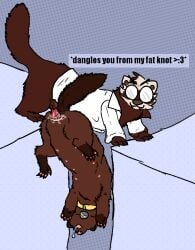 ambiguous_fluids anus bodily_fluids brown_body brown_fur brown_markings clothing coat collar collar_only dangling domestic_ferret drooling duo emoji english_text eyewear female feral fur genitals glasses knotting lab_coat male mammal markings mink mustelid musteline nude penetration pussy round_glasses saliva tan_markings teats text topwear true_musteline tuko_(tukoferret) upside-down vaginal_penetration vulva weasel welcometaco