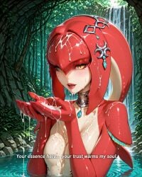 ai_generated blush breasts choker colored_skin cum cum_in_mouth cum_on_body cum_on_hands cupping_hands day english_text facial female female female_only fins fish_girl forest gem gills hands_up jewelry kumdevince large_breasts lips lipstick looking_at_viewer medium_breasts mipha monster_girl multicolored_skin nature neck_ring nipples no_eyebrows no_nipples nude open_mouth outdoors own_hands_together parted_lips partially_submerged plant red_lips red_skin semen semen_on_body semen_on_breasts semen_on_chest semen_on_upper_body slit_pupils smile solo suggestive_fluid text the_legend_of_zelda the_legend_of_zelda:_breath_of_the_wild tsurime upper_body water waterfall webbed_hands wet yellow_eyes zora