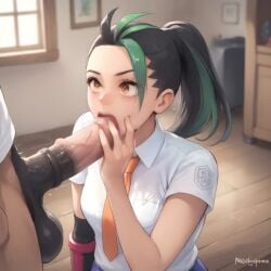 ai ai_generated balls ballsack blowjob brown_hair deepthroat fellatio female head_tilt horsecock huge_cock living_room nemona_(pokemon) no_sound on_knees ponytail school_uniform sucking sucking_penis swallowing tagme video yellow_eyes