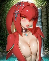 :p ai_generated blush breasts choker clavicle cleavage collarbone colored_skin crescent day female female female_only fins fish_girl gem gills hair_ornament jewelry kumdevince large_breasts lips looking_at_viewer marine medium_breasts mipha monster_girl multicolored_skin nature nipples no_eyebrows no_nipples nude outdoors partially_submerged red_skin shiny_skin slit_pupils smile solo sunlight sweat the_legend_of_zelda the_legend_of_zelda:_breath_of_the_wild tongue tongue_out upper_body water waterfall wet yellow_eyes zora