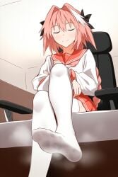 1boy 1femboy astolfo_(fate) boy closed_eyes fate/grand_order fate_(series) feet femboy foot_fetish steam steaming_body sweat thighhighs