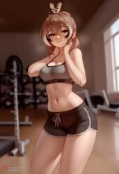 1girls 2d ai_generated ass barefeet big_ass breasts brown_hair erophoenix feet female female_focus full_body gym hairclip hololive hololive_english hololive_english_-council- hololive_english_-promise- indoors looking_at_viewer medium_breasts nanashi_mumei navel patreon_username short_shorts shorts solo solo_female sports_bra sweat thick thick_thighs toes uncensored virtual_youtuber vtuber