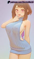 1girls 2025 ai_generated artist_name bare_shoulders blush boku_no_hero_academia breasts breasts breasts brown_hair bust chest electroworld female heart heart-shaped_pupils hi_res high_quality high_resolution highres meme_attire my_hero_academia naked_sweater ochako_uraraka patreon patreon_username ribbed_sweater short_hair solo stable_diffusion sweater symbol-shaped_pupils uraraka_ochako virgin_killer_sweater watermark