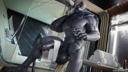 16:9 3d_(artwork) abs absurd_res balls biceps bone claws digital_drawing_(artwork) digital_media_(artwork) genitals guimontag hi_res horn inside male muscular muscular_male nipples pecs penis roderick_(elsifthewolf) skull skull_head solo towel widescreen