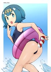 :o absurdres anal anal_beads anal_object_insertion ass black_one-piece_swimsuit blue_eyes blue_hair bright_pupils commentary female female_masturbation hairband hand_up highres holding holding_sex_toy innertube knees_together_feet_apart lana_(pokemon) looking_back masturbation motion_lines no_sclera object_insertion one-piece_swimsuit oozutsucannon open_mouth pokemon pokemon_sm pulling purple_innertube sex_toy short_hair solo swim_ring swimsuit teeth tongue upper_teeth_only water water_drop white_pupils yellow_hairband